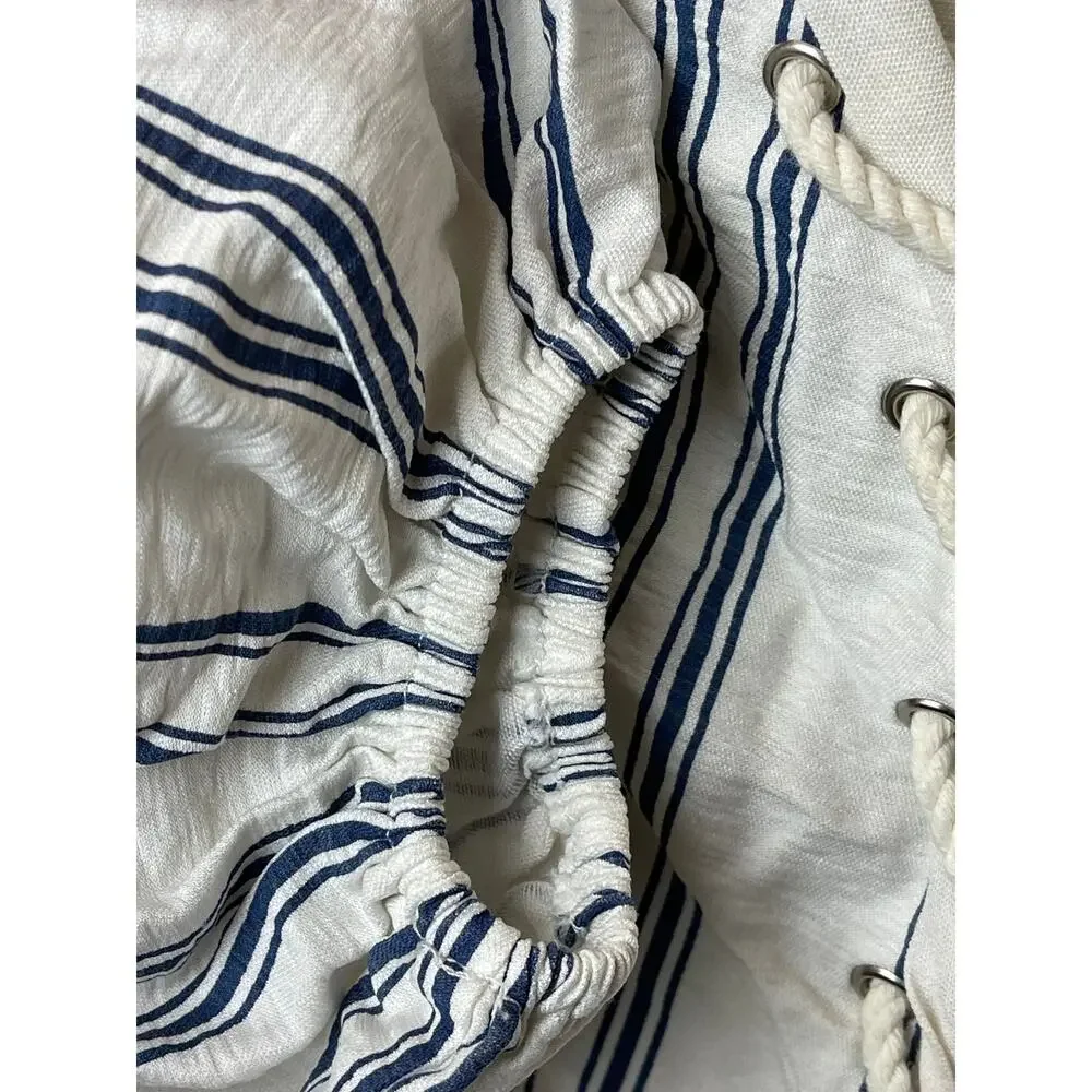 Ecru Lab Off White Blue Stripe Balloon Sleeves Crop Rope Tie Front Shirt Top M - Picture 3 of 7